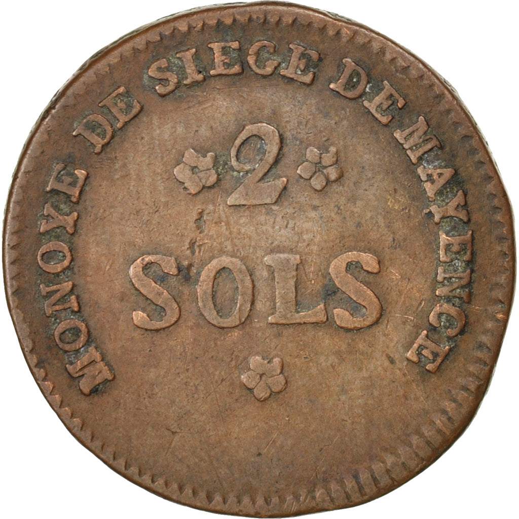 GERMAN STATES, 2 Sols, 1793, Mayence, KM #602, EF(40-45), Copper, Gadoury #66,..