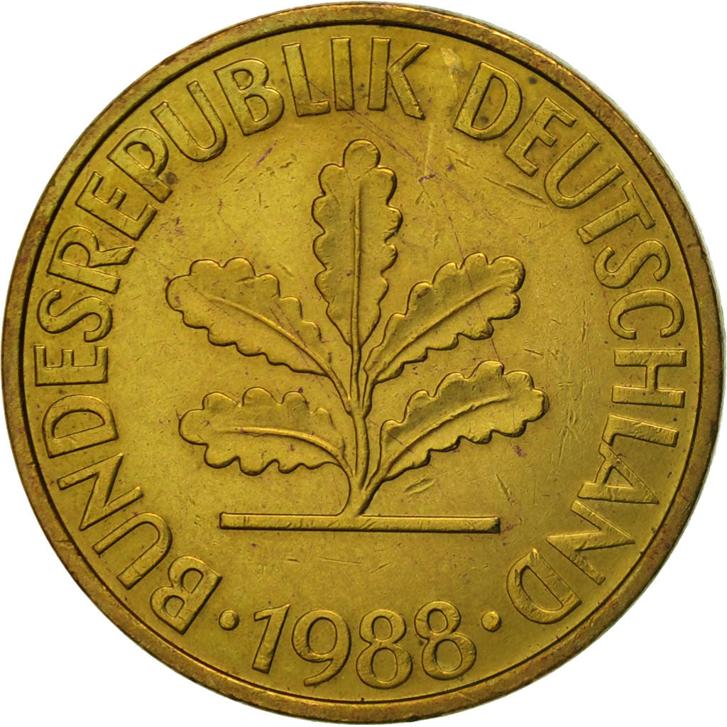 Coin, GERMANY - FEDERAL REPUBLIC, 10 Pfennig, 1988, Munich, EF(40-45), Brass