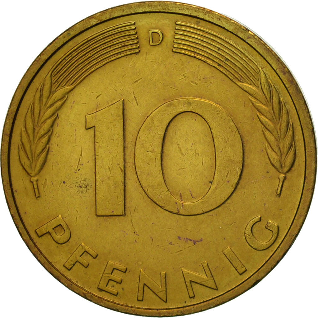 Coin, GERMANY - FEDERAL REPUBLIC, 10 Pfennig, 1988, Munich, EF(40-45), Brass