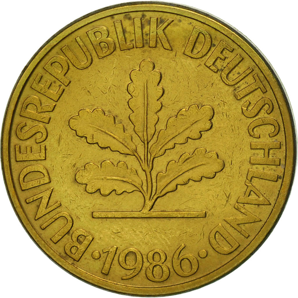 Coin, GERMANY - FEDERAL REPUBLIC, 10 Pfennig, 1986, Munich, EF(40-45), Brass