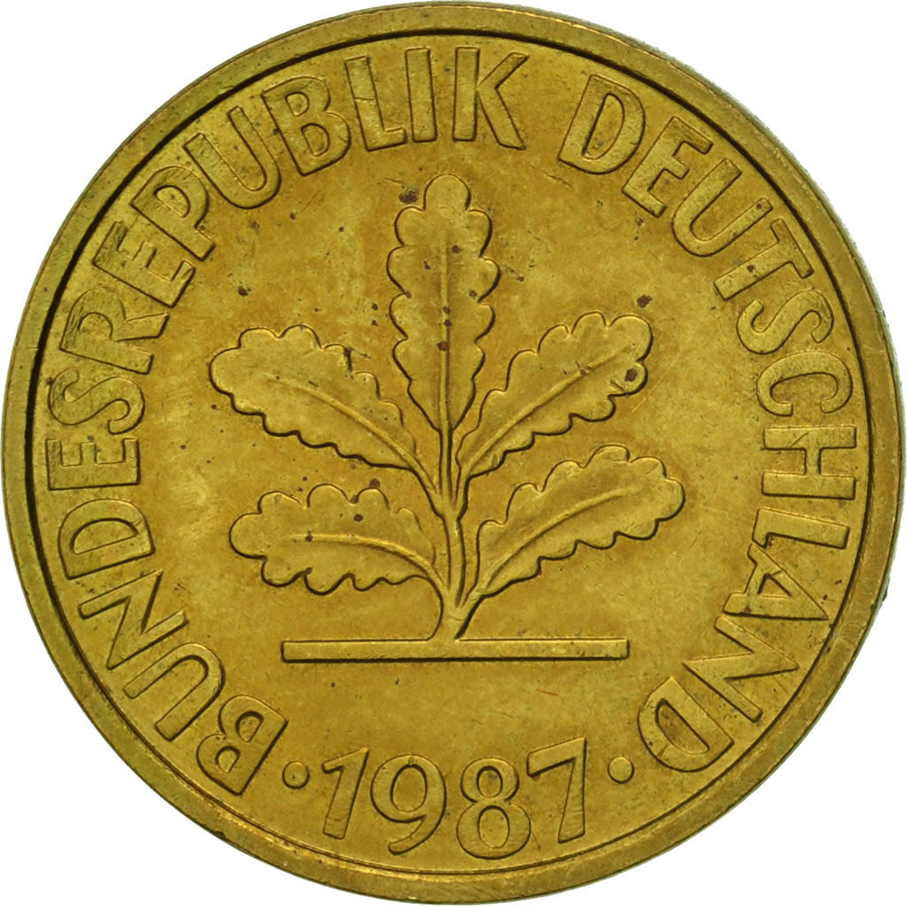 Coin, GERMANY - FEDERAL REPUBLIC, 10 Pfennig, 1987, Stuttgart, EF(40-45), Brass