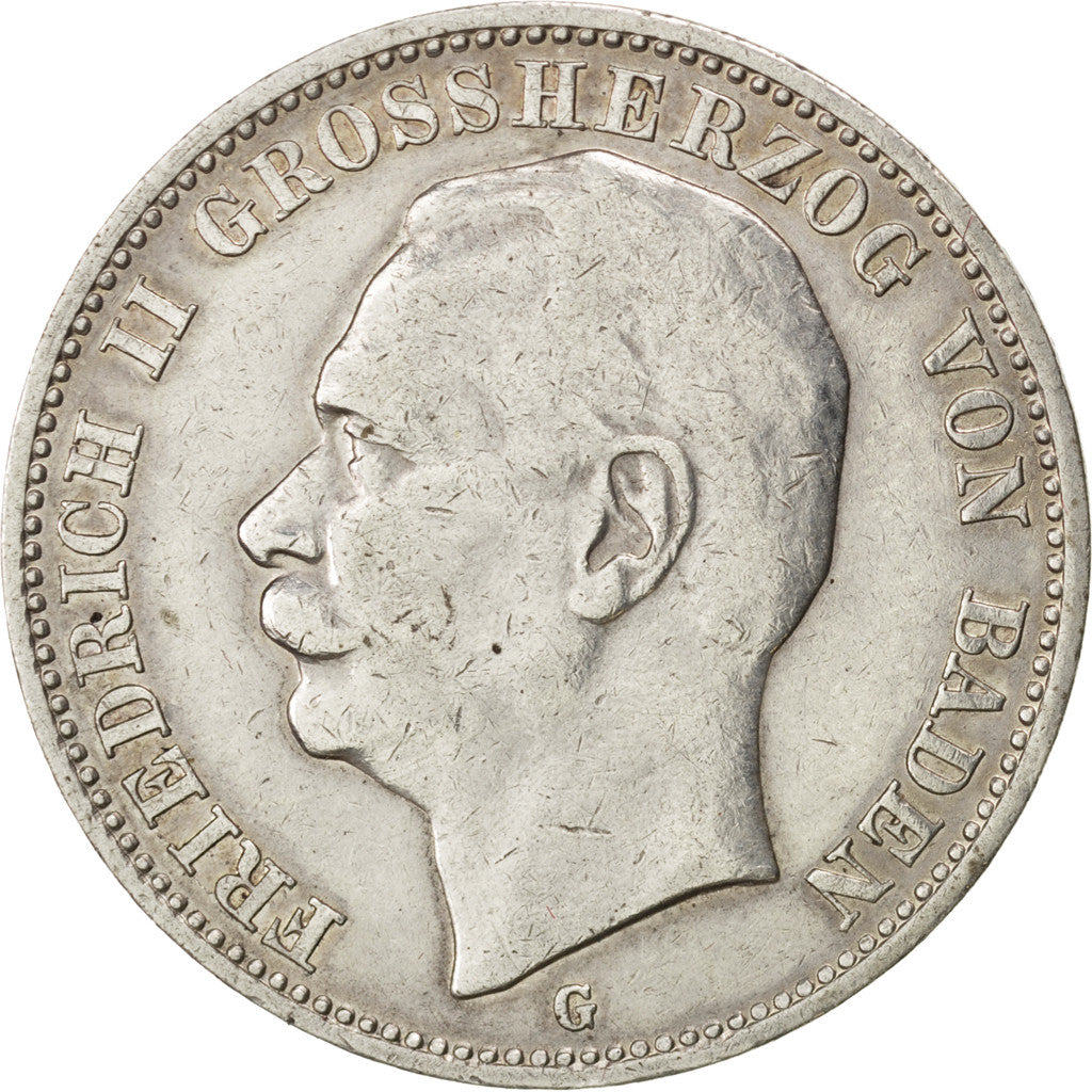 Coin, German States, BADEN, Friedrich II, 3 Mark, 1909, Stuttgart, MS(60-62)
