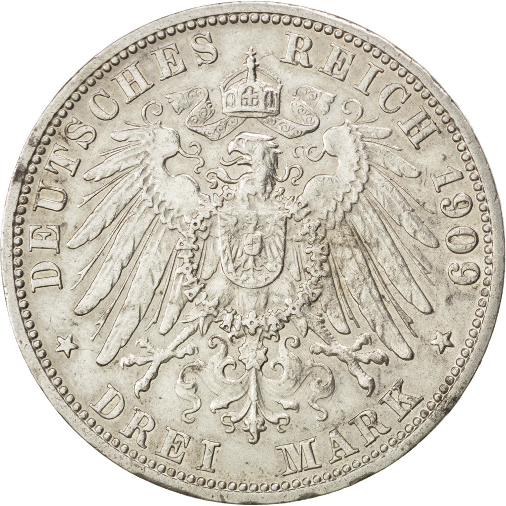 Coin, German States, BADEN, Friedrich II, 3 Mark, 1909, Stuttgart, MS(60-62)