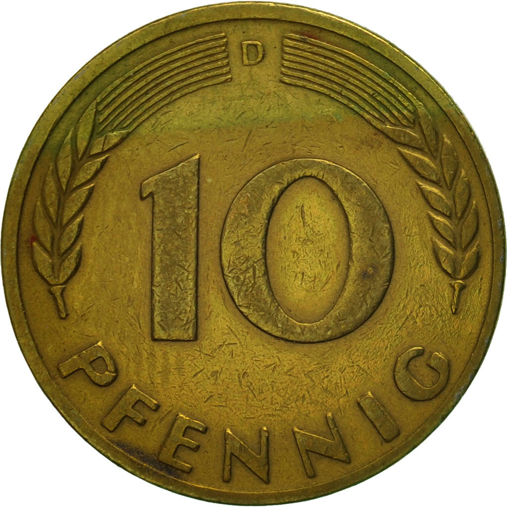 Moneda, ALEMANIA - REPÚBLICA FEDERAL, 10 Pfennig, 1949, Munich, MBC, Latón