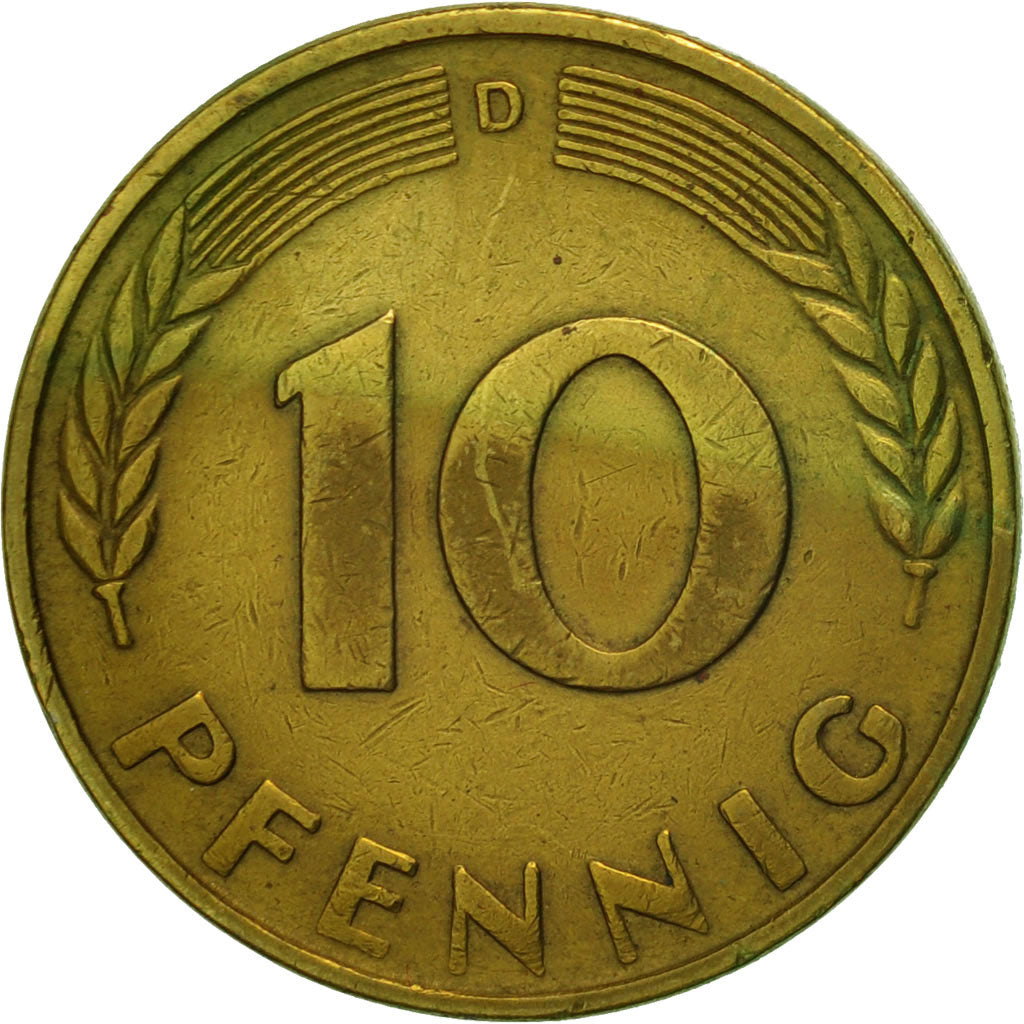Moneda, ALEMANIA - REPÚBLICA FEDERAL, 10 Pfennig, 1950, Munich, MBC, Latón