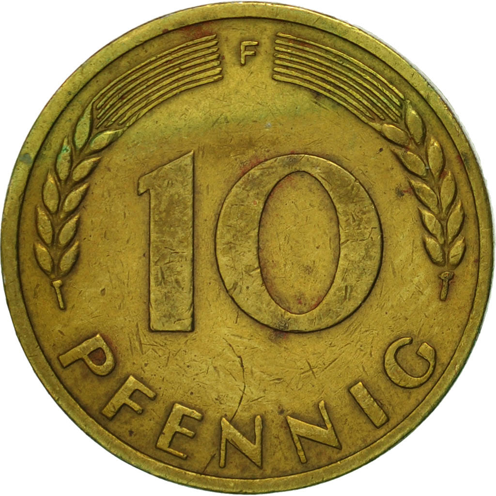 Moneda, ALEMANIA - REPÚBLICA FEDERAL, 10 Pfennig, 1950, Stuttgart, MBC, Latón