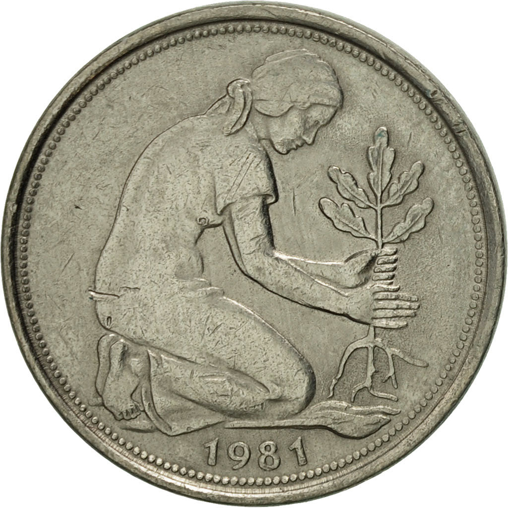 Moneda, ALEMANIA - REPÚBLICA FEDERAL, 50 Pfennig, 1981, Stuttgart, MBC, Cobre -