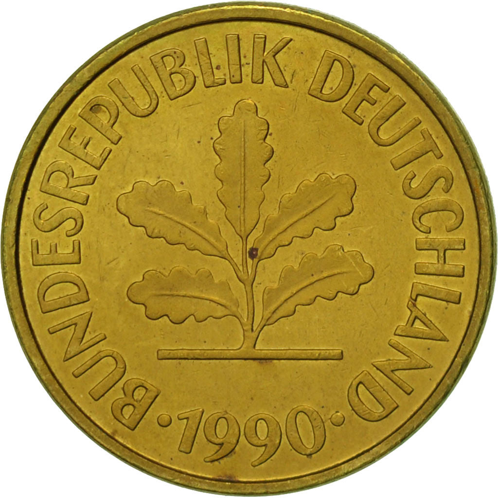 Coin, GERMANY - FEDERAL REPUBLIC, 5 Pfennig, 1990, Stuttgart, EF(40-45), Brass