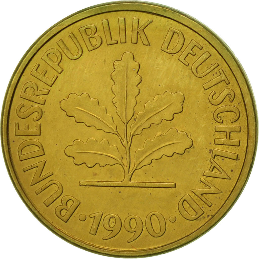 Coin, GERMANY - FEDERAL REPUBLIC, 5 Pfennig, 1990, Karlsruhe, EF(40-45), Brass