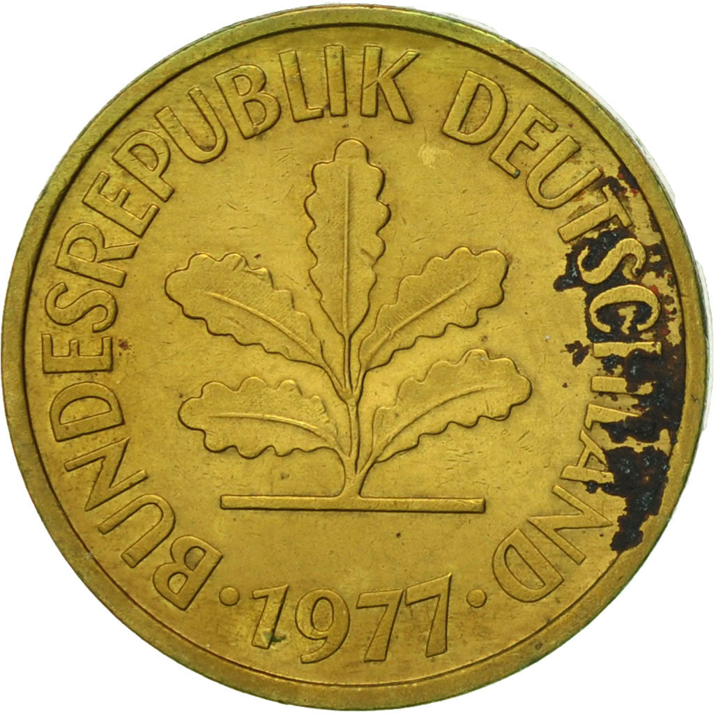 Coin, GERMANY - FEDERAL REPUBLIC, 5 Pfennig, 1977, Stuttgart, EF(40-45), Brass