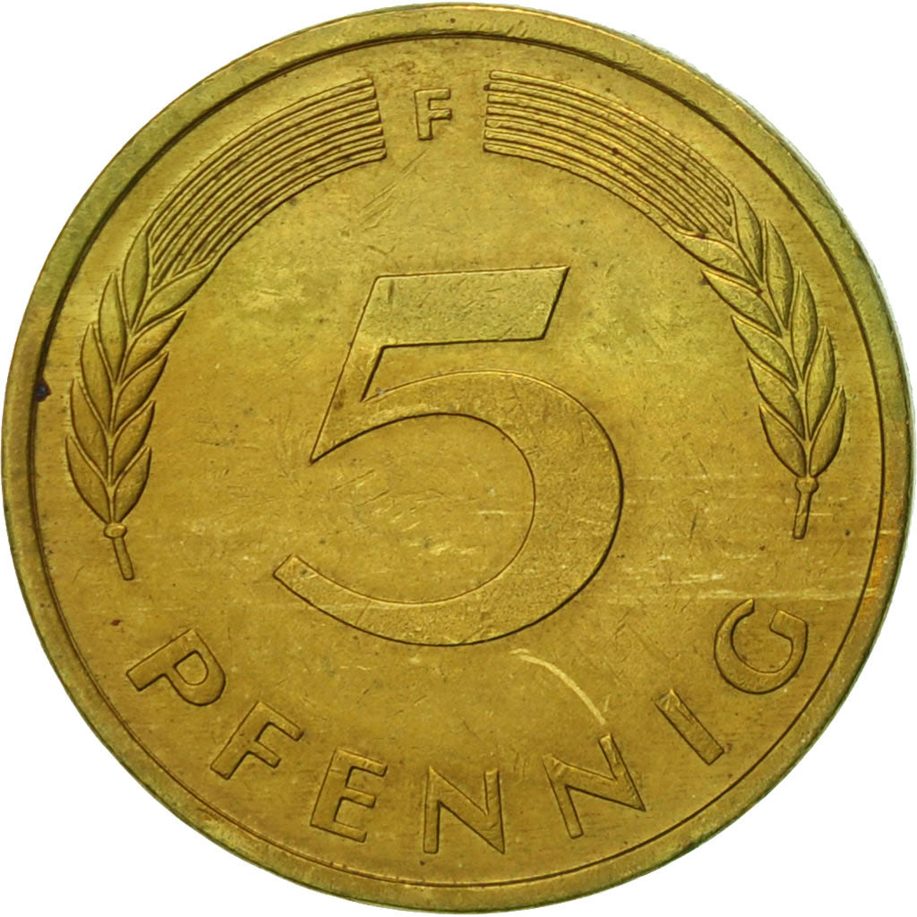 Coin, GERMANY - FEDERAL REPUBLIC, 5 Pfennig, 1977, Stuttgart, EF(40-45), Brass