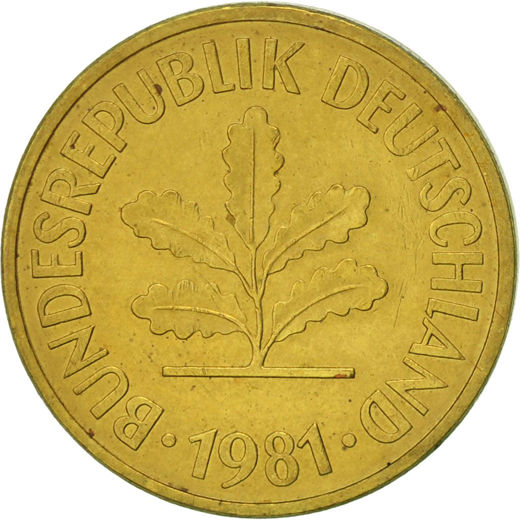 GERMANY - FEDERAL REPUBLIC, 5 Pfennig, 1981, Stuttgart, EF(40-45), Brass Clad