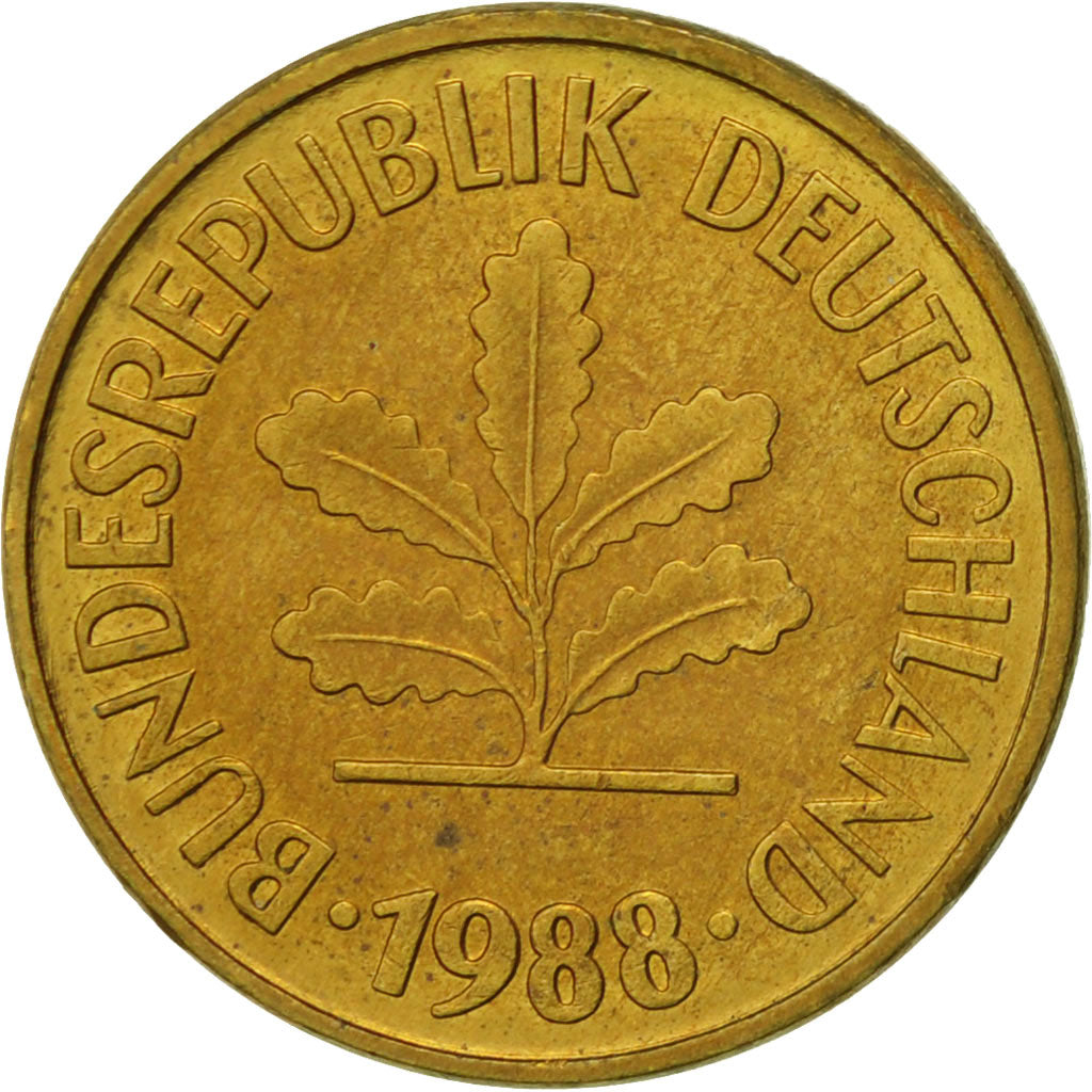 Coin, GERMANY - FEDERAL REPUBLIC, 5 Pfennig, 1988, Stuttgart, EF(40-45), Brass