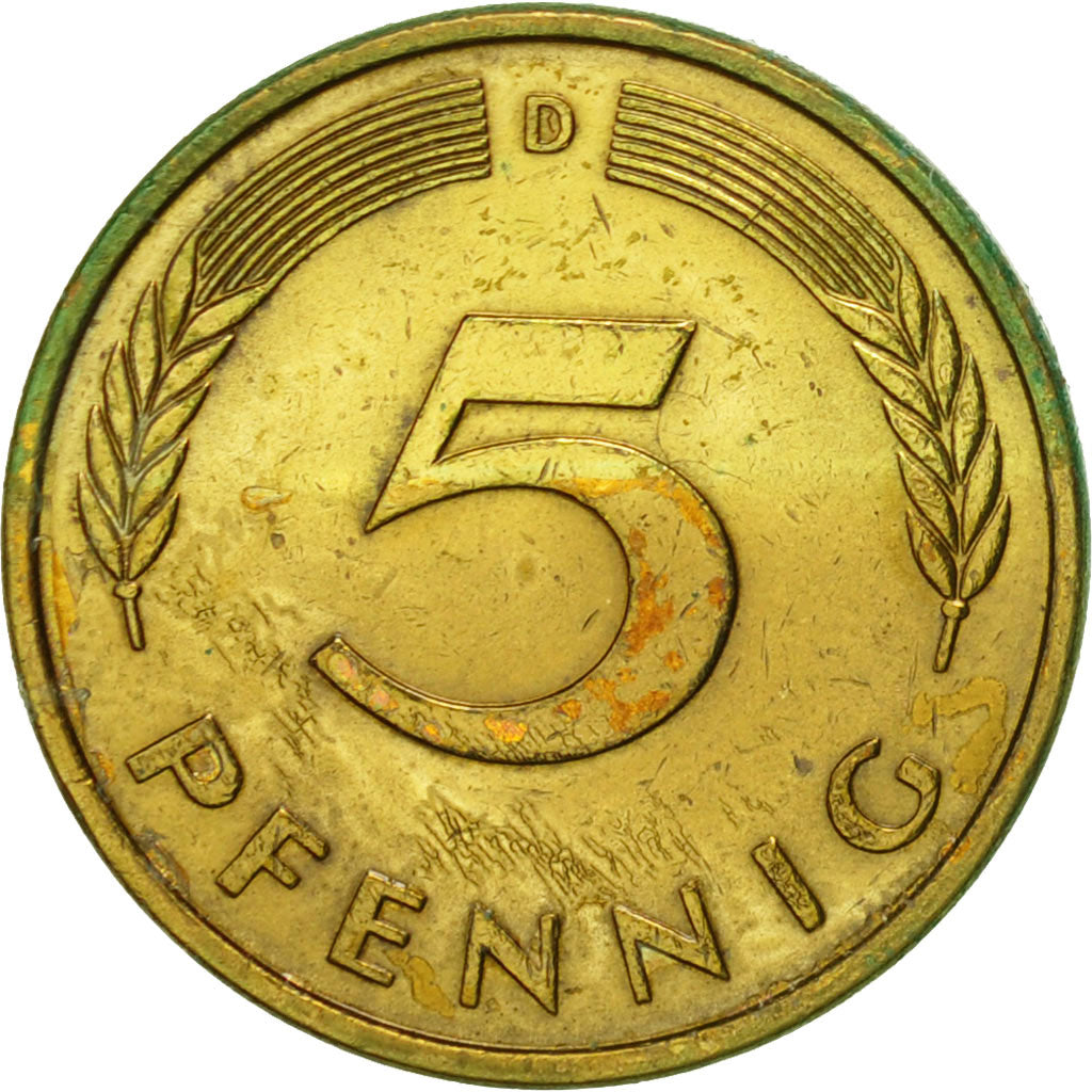 Coin, GERMANY - FEDERAL REPUBLIC, 5 Pfennig, 1977, Munich, EF(40-45), Brass Clad