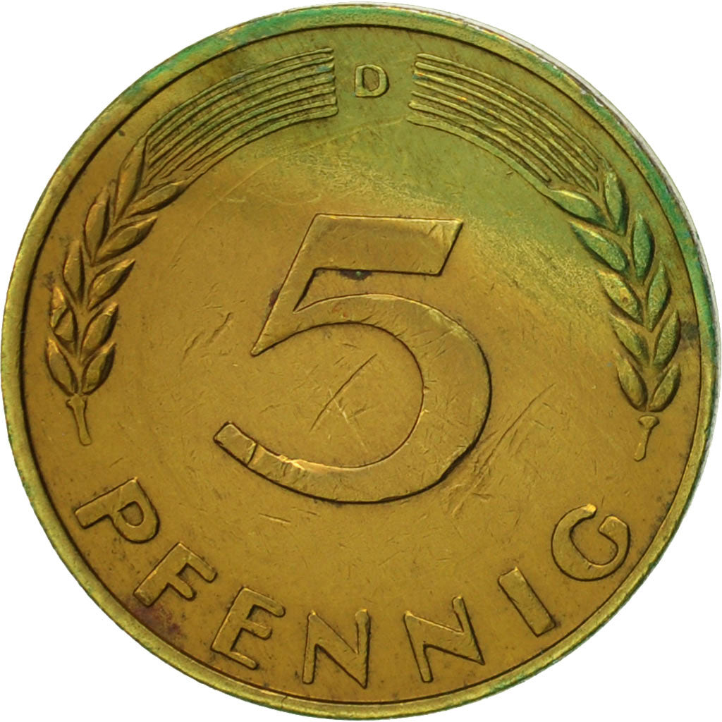 Coin, GERMANY - FEDERAL REPUBLIC, 5 Pfennig, 1968, Munich, EF(40-45), Brass Clad