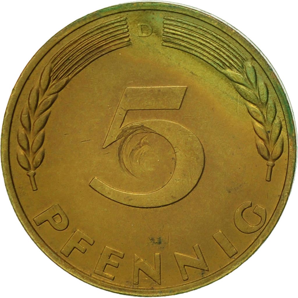 Coin, GERMANY - FEDERAL REPUBLIC, 5 Pfennig, 1970, Munich, EF(40-45), Brass Clad
