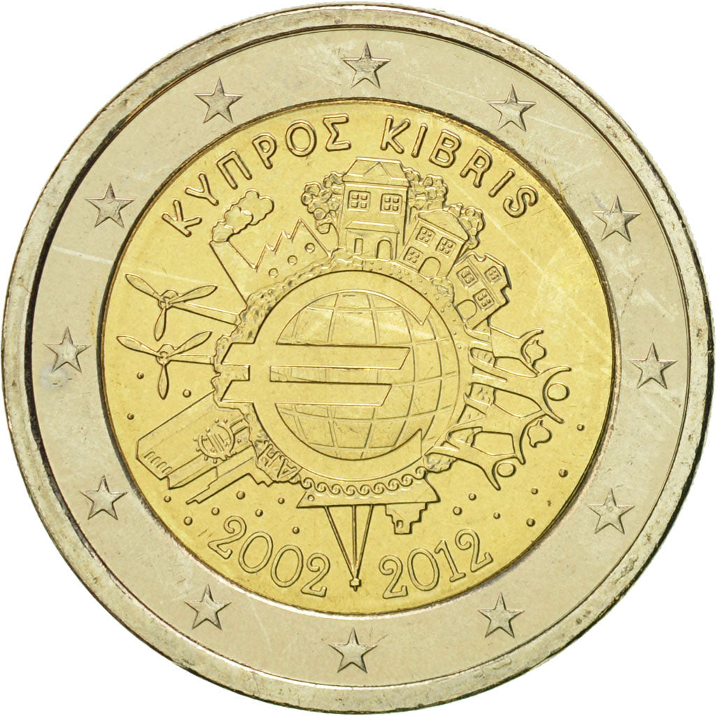 Cyprus, 2 Euro, 10 ans de l'Euro, 2012, MS(60-62), Bi-Metallic