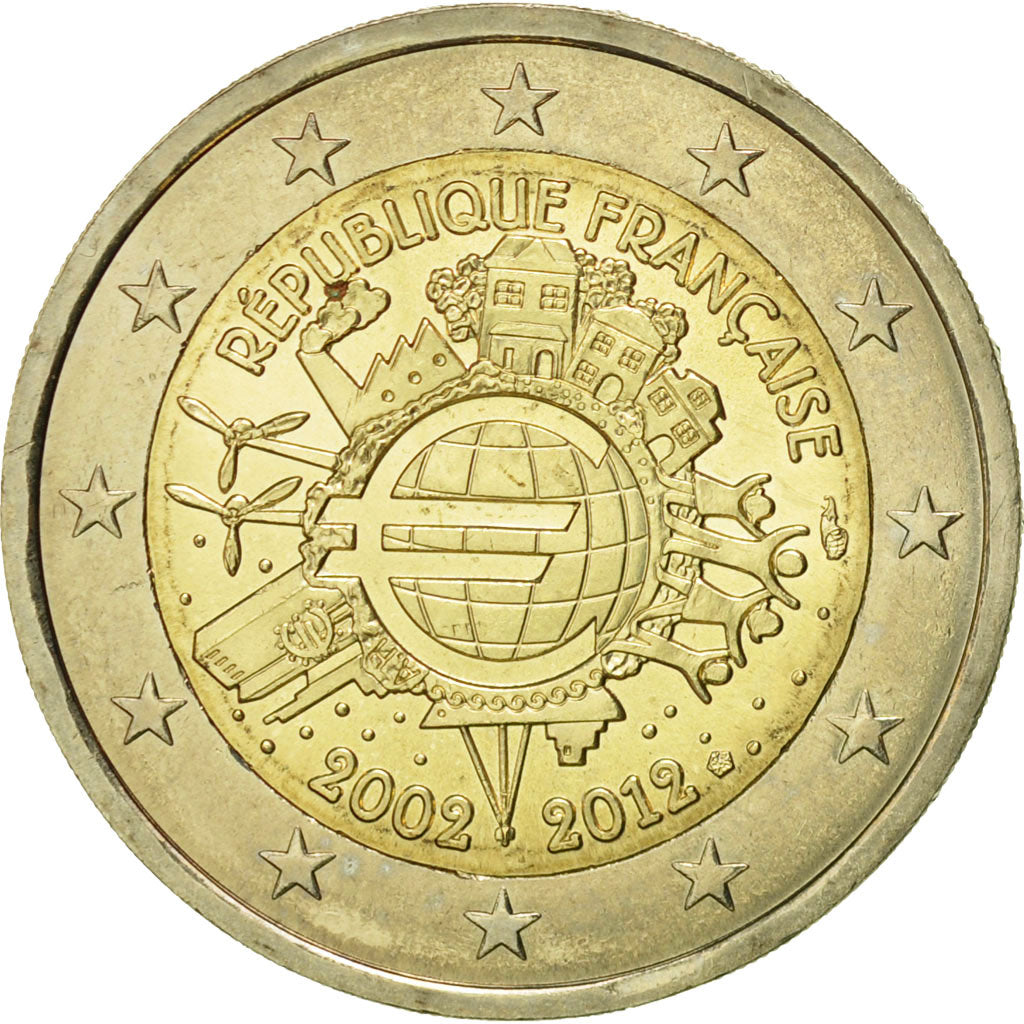 France, 2 Euro, 10 ans de l'Euro, 2012, MS(60-62), Bi-Metallic