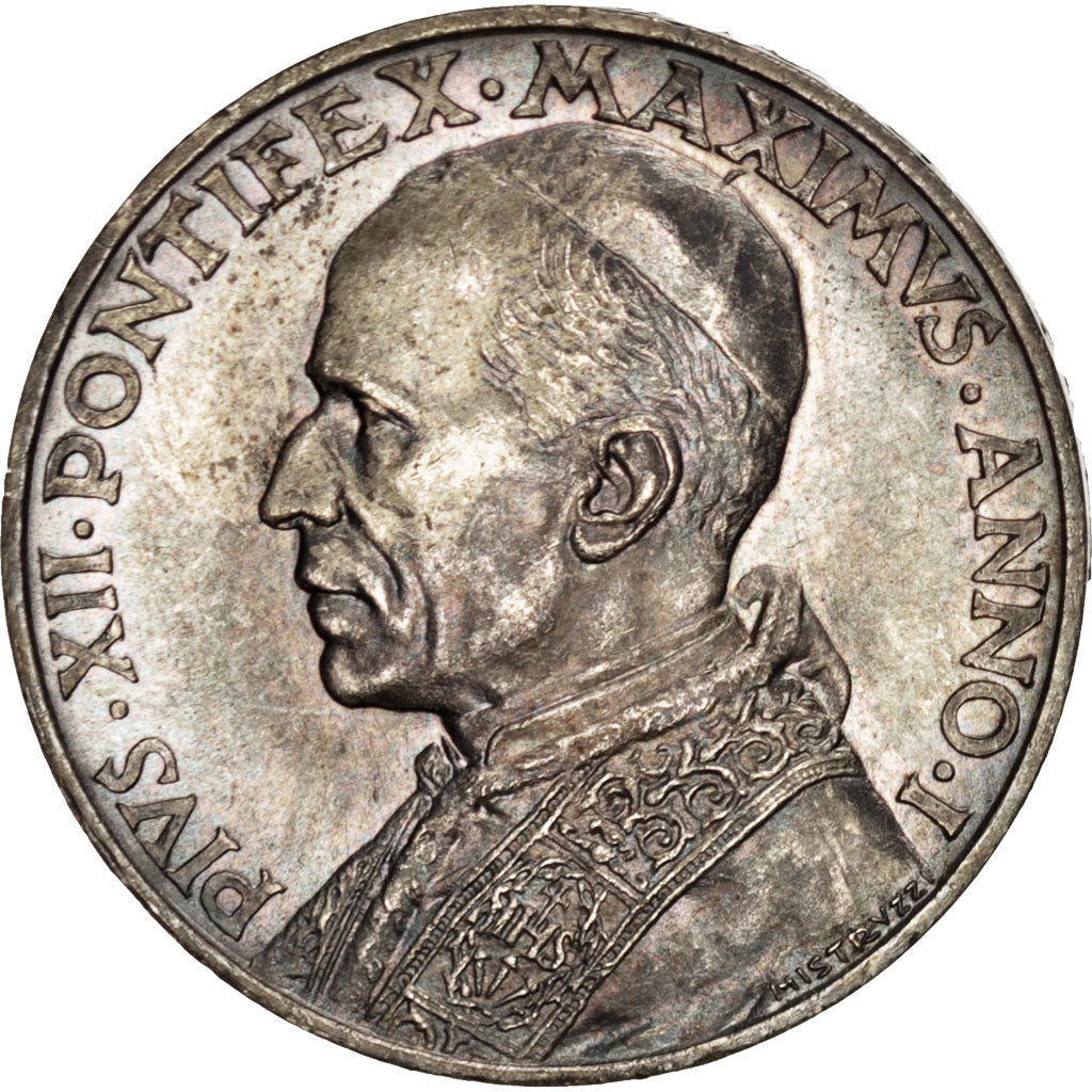 VATICAN CITY, 10 Lire, 1939, KM #29, MS(63), Silver, 27, 9.98