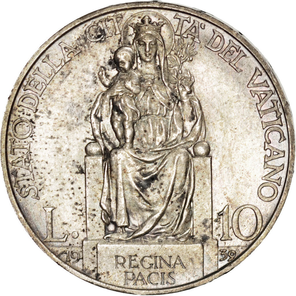 VATICAN CITY, 10 Lire, 1939, KM #29, MS(63), Silver, 27, 9.98