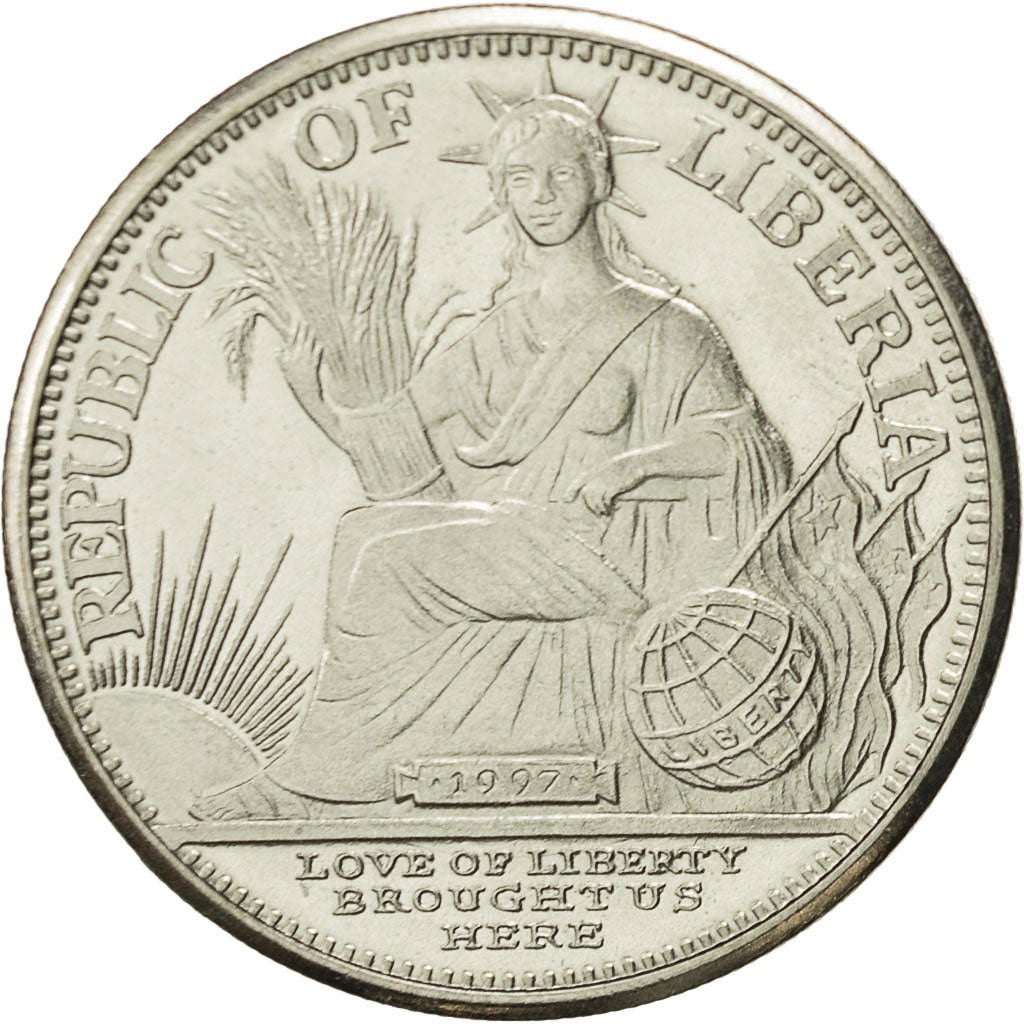 Liberia, 5 Dollars, Wrinkled seated dog, 1997, MS(64), Copper-nickel, KM:361