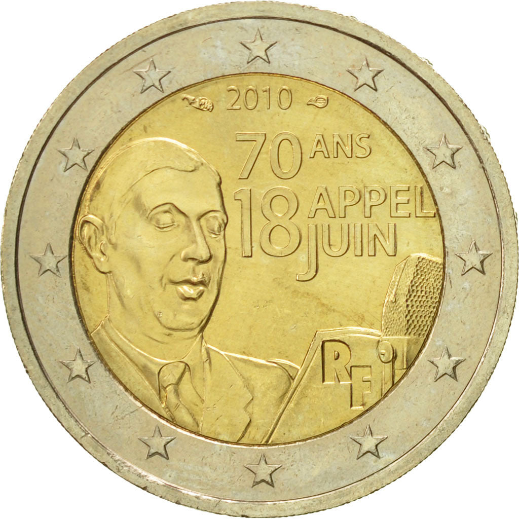 Coin, France, 2 Euro, Charles De Gaulle, Appel du 18 juin 1940, 2010, AU(55-58)