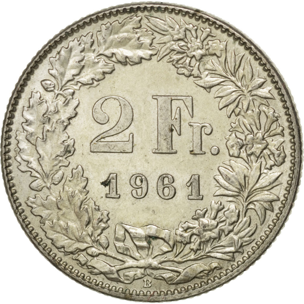Coin, Switzerland, 2 Francs, 1961, Bern, MS(60-62), Silver, KM:21