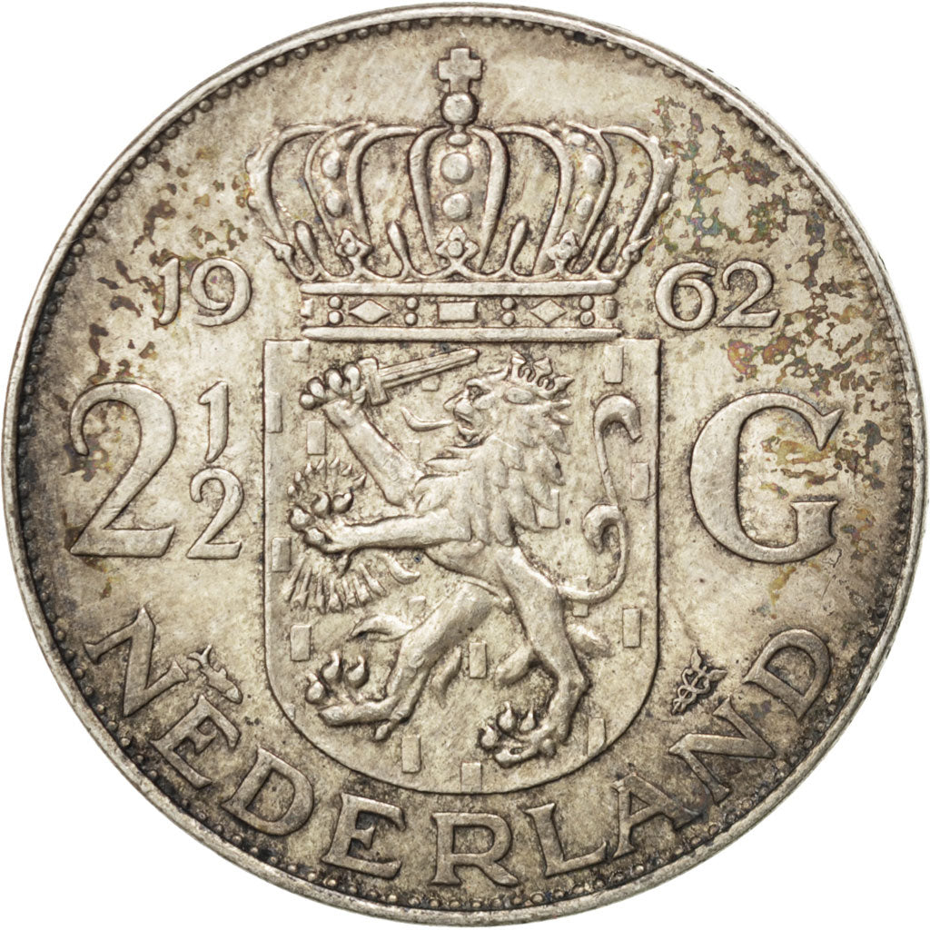 NETHERLANDS, 2-1/2 Gulden, 1962, KM #185, AU(55-58), Silver, 33, 15.02