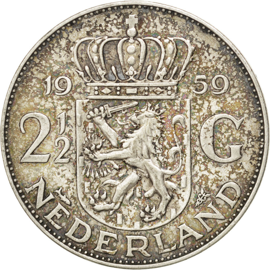 Coin, Netherlands, Juliana, 2-1/2 Gulden, 1959, AU(50-53), Silver, KM:185