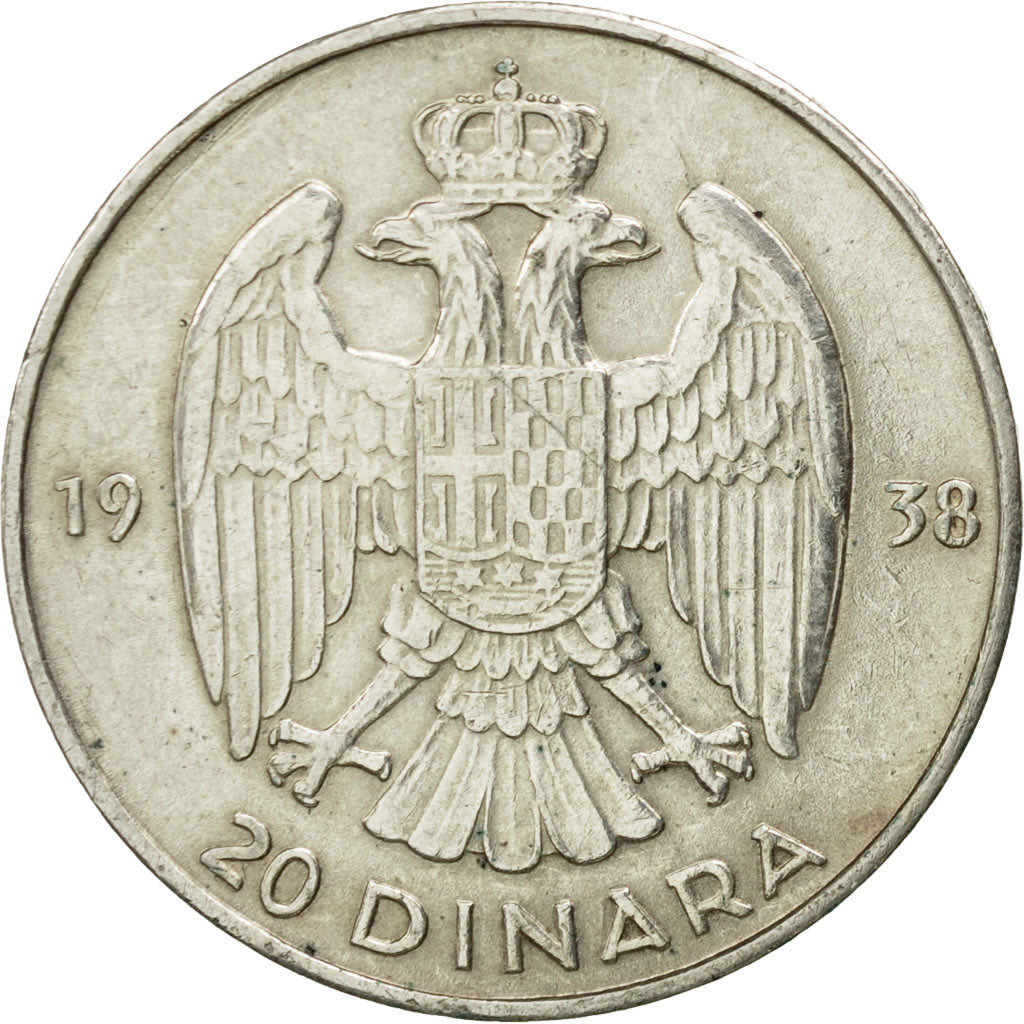 Yugoslavia, Petar II, 20 Dinara, 1938, AU(50-53), Silver, KM:23