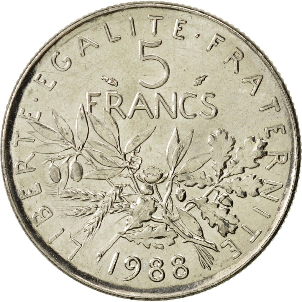 France, Semeuse, 5 Francs, 1988, Paris, MS(63), Nickel Clad Copper-Nickel