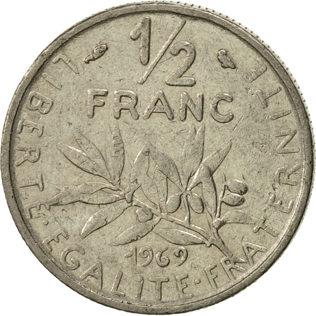 Moneda, Francia, Semeuse, 1/2 Franc, 1969, Paris, MBC+, Níquel, KM:931.1