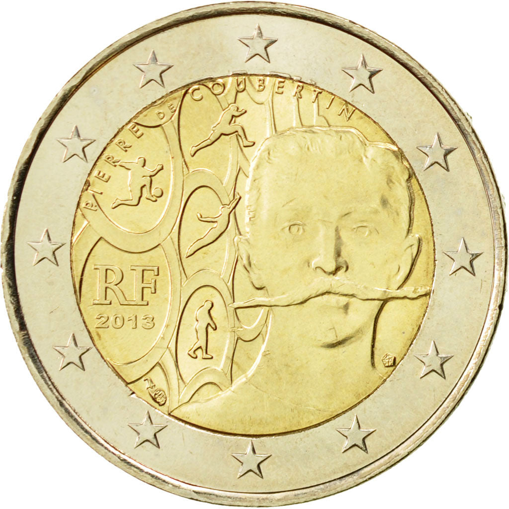 Coin, France, 2 Euro, Baron Pierre Coubertin, 2013, MS(63), Bi-Metallic, KM:2102