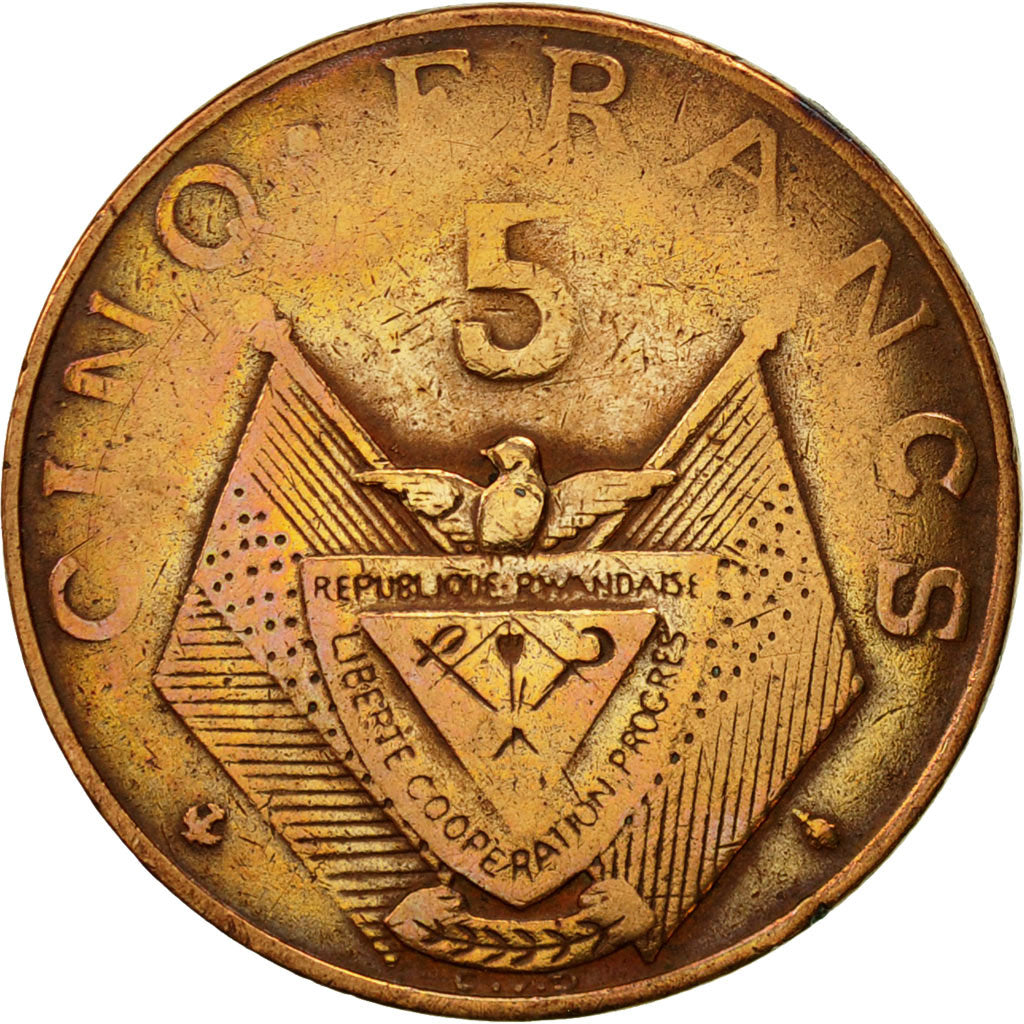 Moneda, Ruanda, 5 Francs, 1964, MBC, Bronce, KM:6