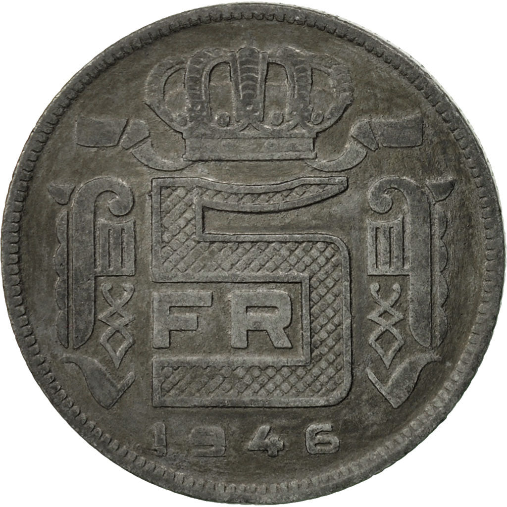 Moneta, Belgio, 5 Francs, 5 Frank, 1946, BB, Zinco, KM:129.1