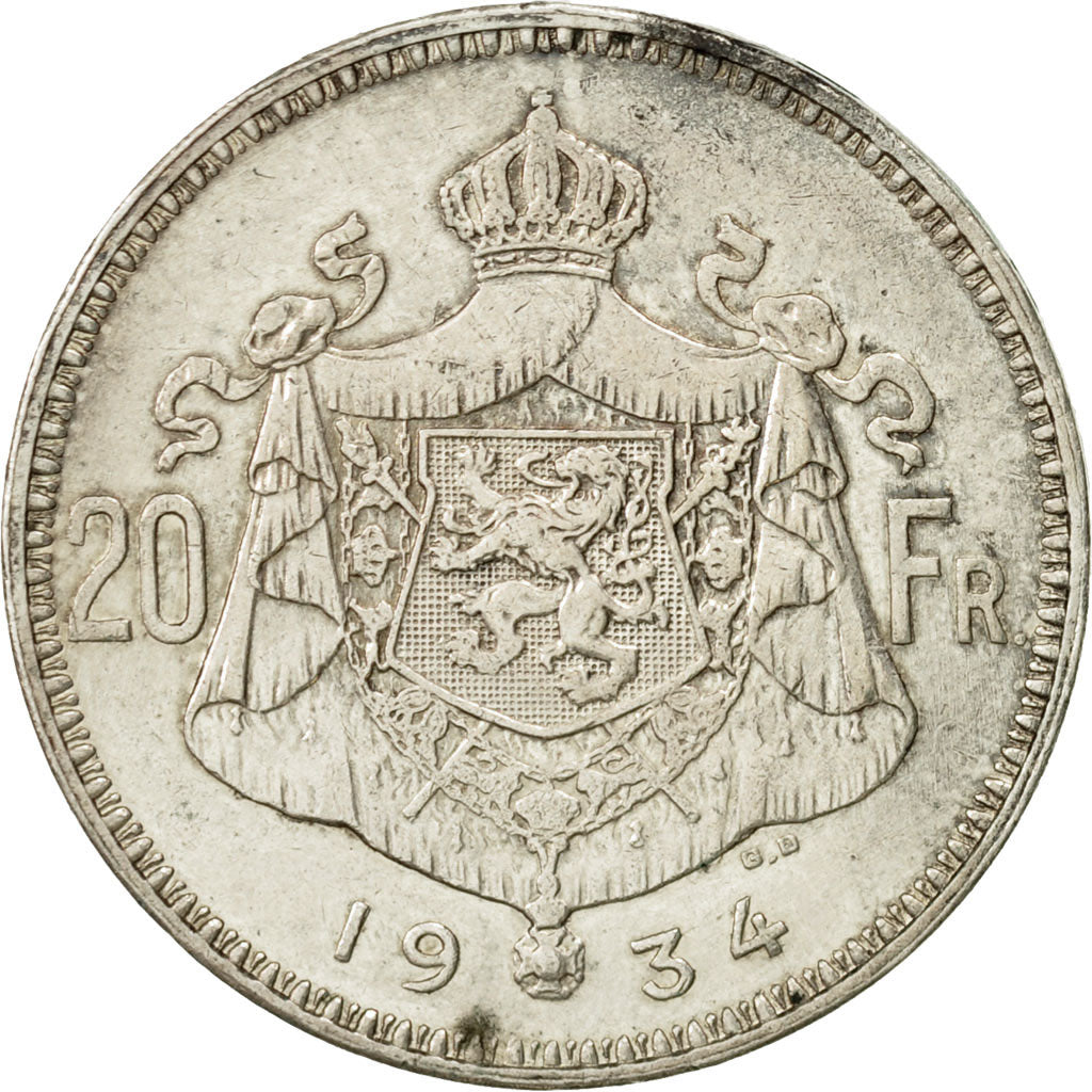 Coin, Belgium, 20 Francs, 20 Frank, 1934, EF(40-45), Silver, KM:104.1