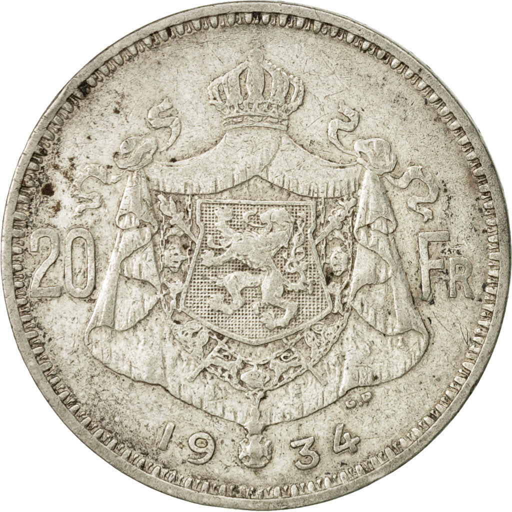 Coin, Belgium, 20 Francs, 20 Frank, 1934, EF(40-45), Silver, KM:104.1