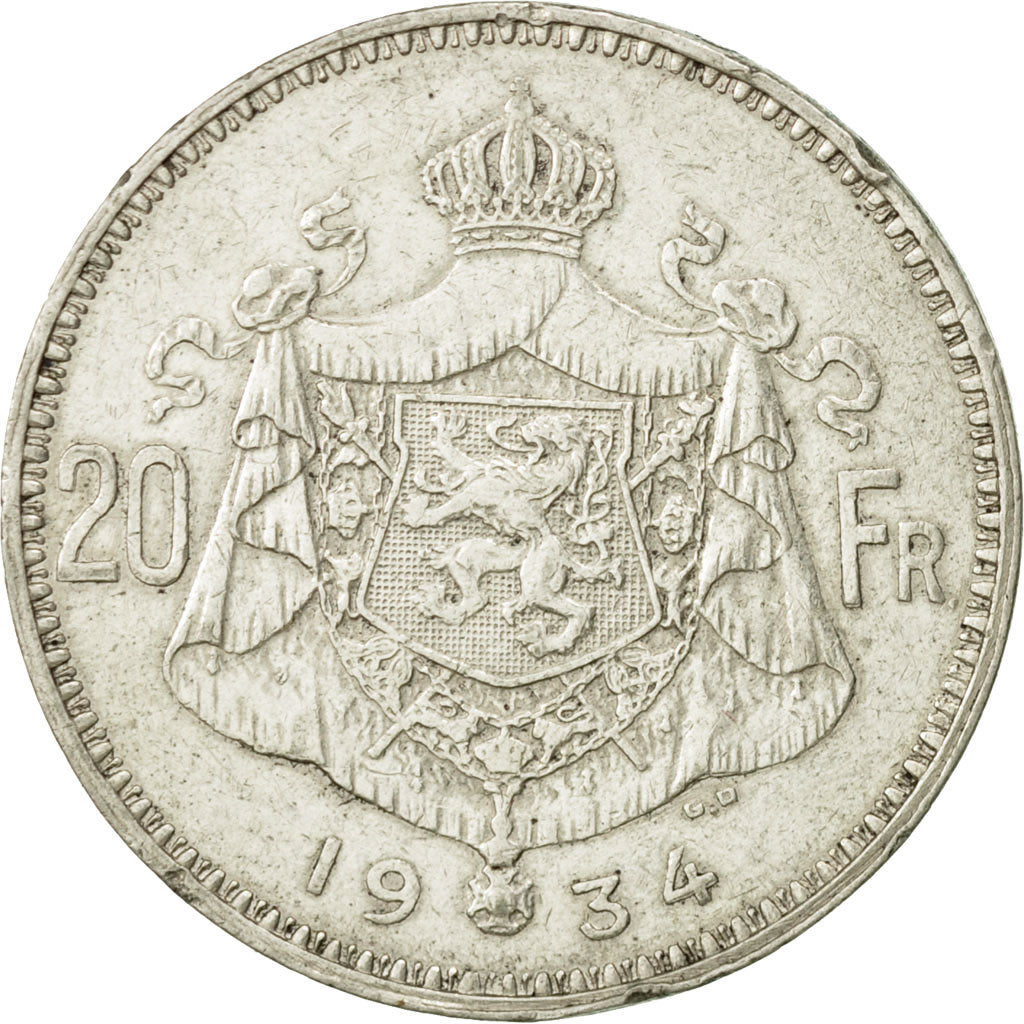 Coin, Belgium, 20 Francs, 20 Frank, 1934, EF(40-45), Silver, KM:103.1