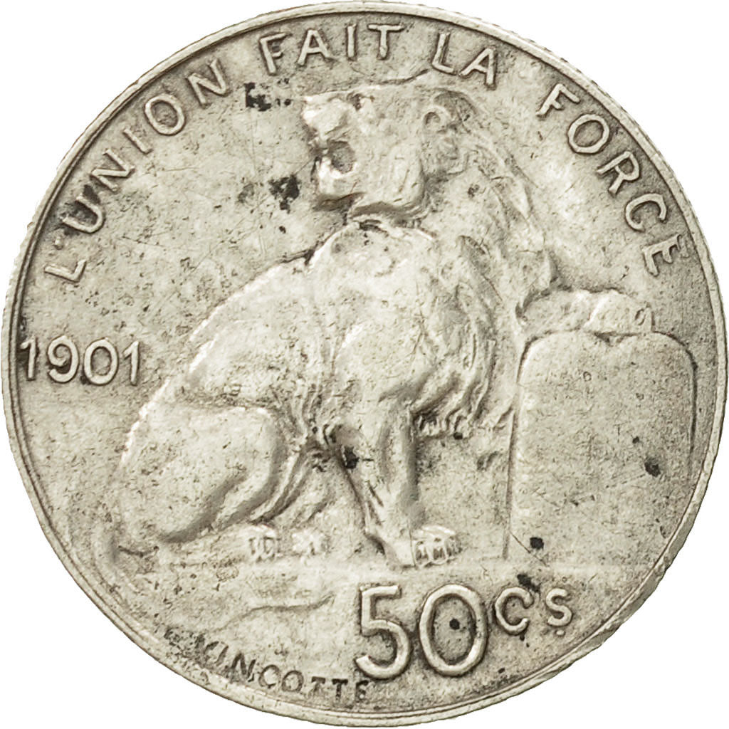 Bélgica, 50 Centimes, 1901, BC+, Plata, KM:50