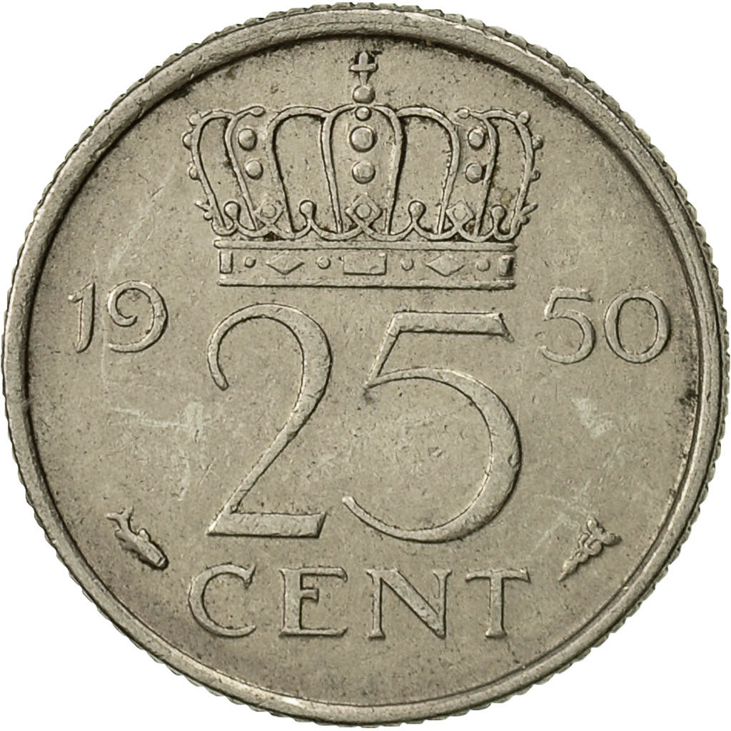 Moneda, Países Bajos, Juliana, 25 Cents, 1950, MBC, Níquel, KM:183