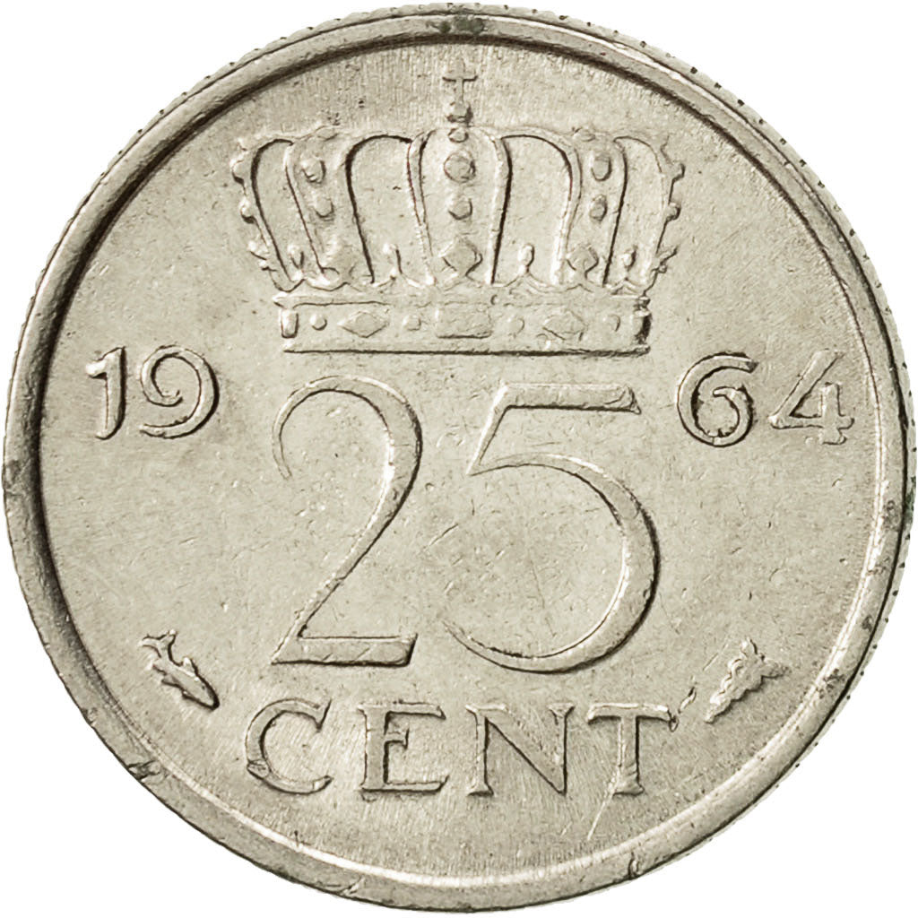 Coin, Netherlands, Juliana, 25 Cents, 1964, EF(40-45), Nickel, KM:183