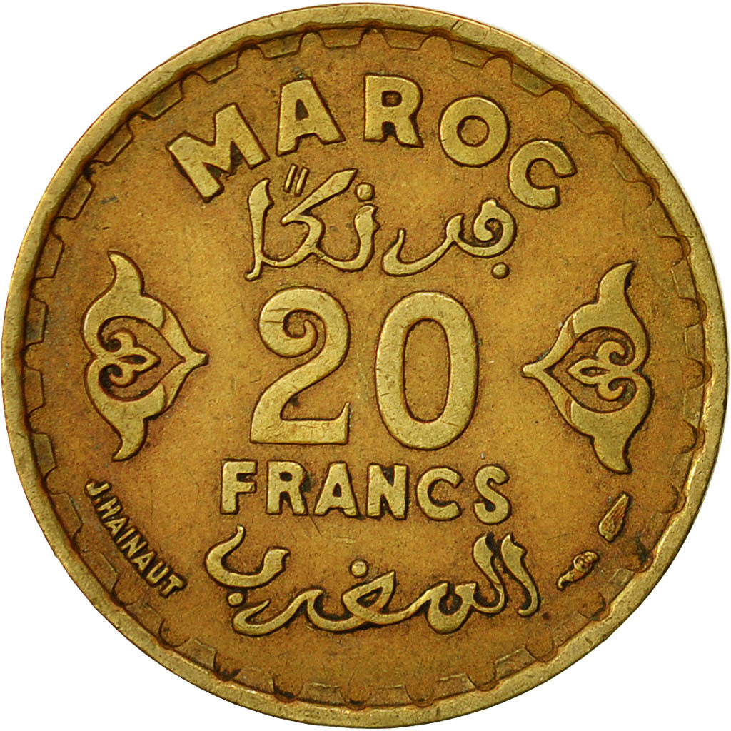 Coin, Morocco, Mohammed V, 20 Francs, 1951, Paris, EF(40-45), Aluminum-Bronze