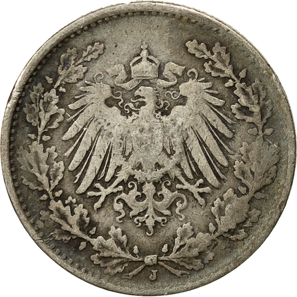 Coin, GERMANY - EMPIRE, 1/2 Mark, 1918, Hambourg, VF(30-35), Silver, KM:17