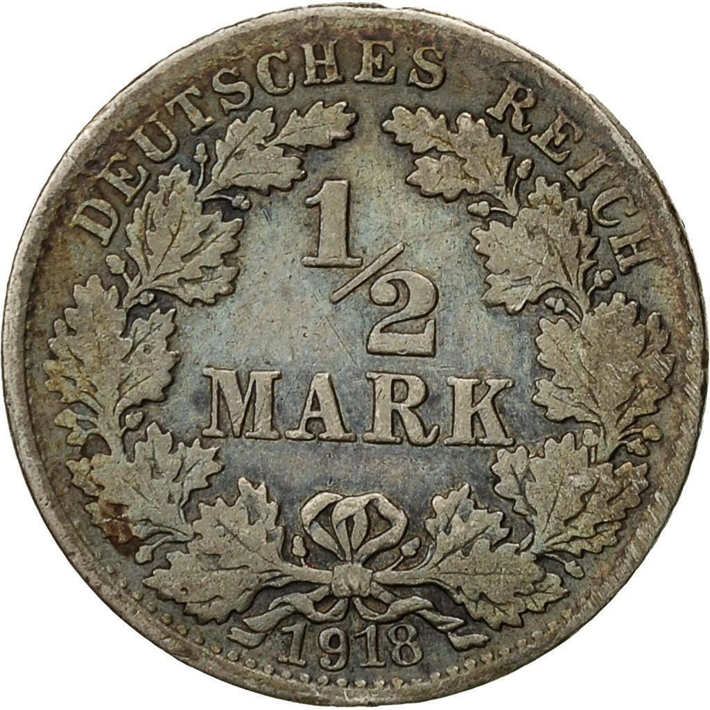 Coin, GERMANY - EMPIRE, 1/2 Mark, 1918, Hambourg, VF(30-35), Silver, KM:17