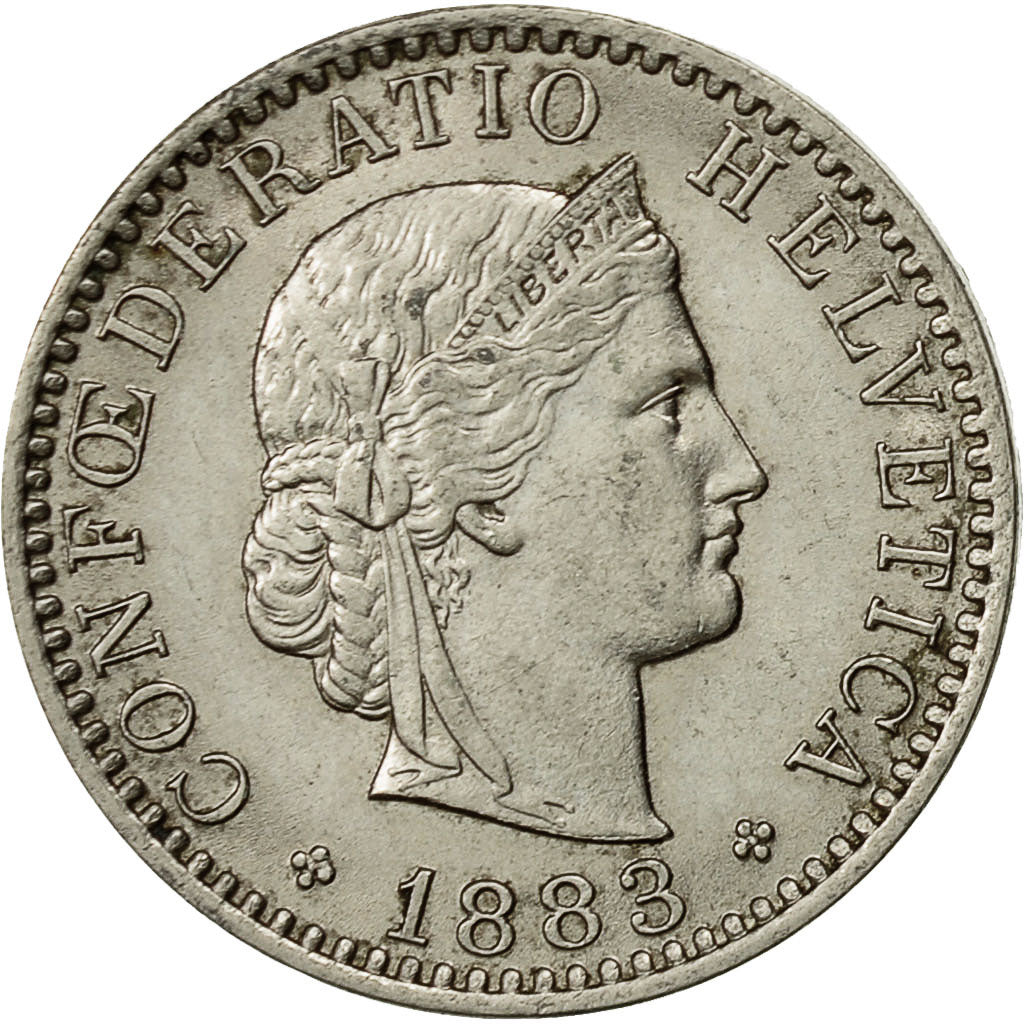 Coin, Switzerland, 20 Rappen, 1883, Bern, AU(55-58), Nickel, KM:29