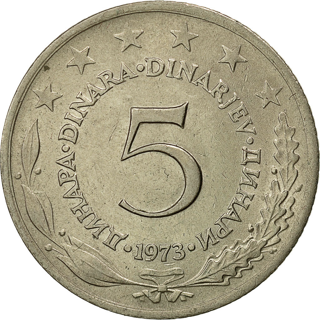 Coin, Yugoslavia, 5 Dinara, 1973, AU(55-58), Copper-Nickel-Zinc, KM:58