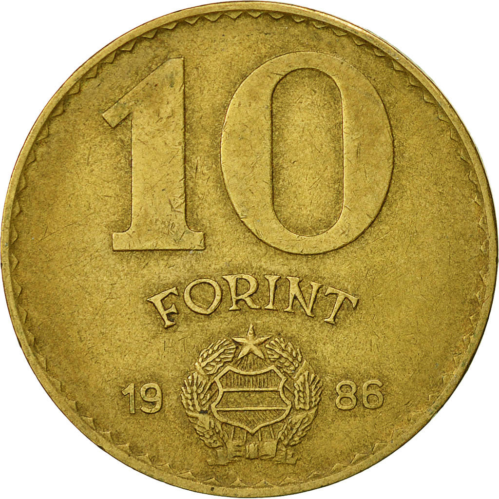 Moneda, Hungría, 10 Forint, 1986, Budapest, MBC, Aluminio - bronce, KM:636
