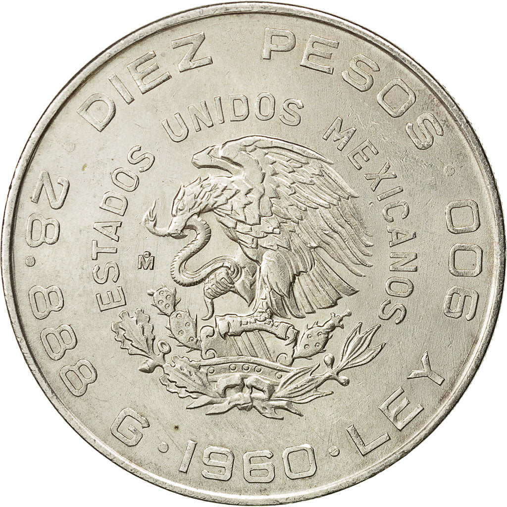 Coin, Mexico, 10 Pesos, 1960, Mexico City, AU(55-58), Silver, KM:476