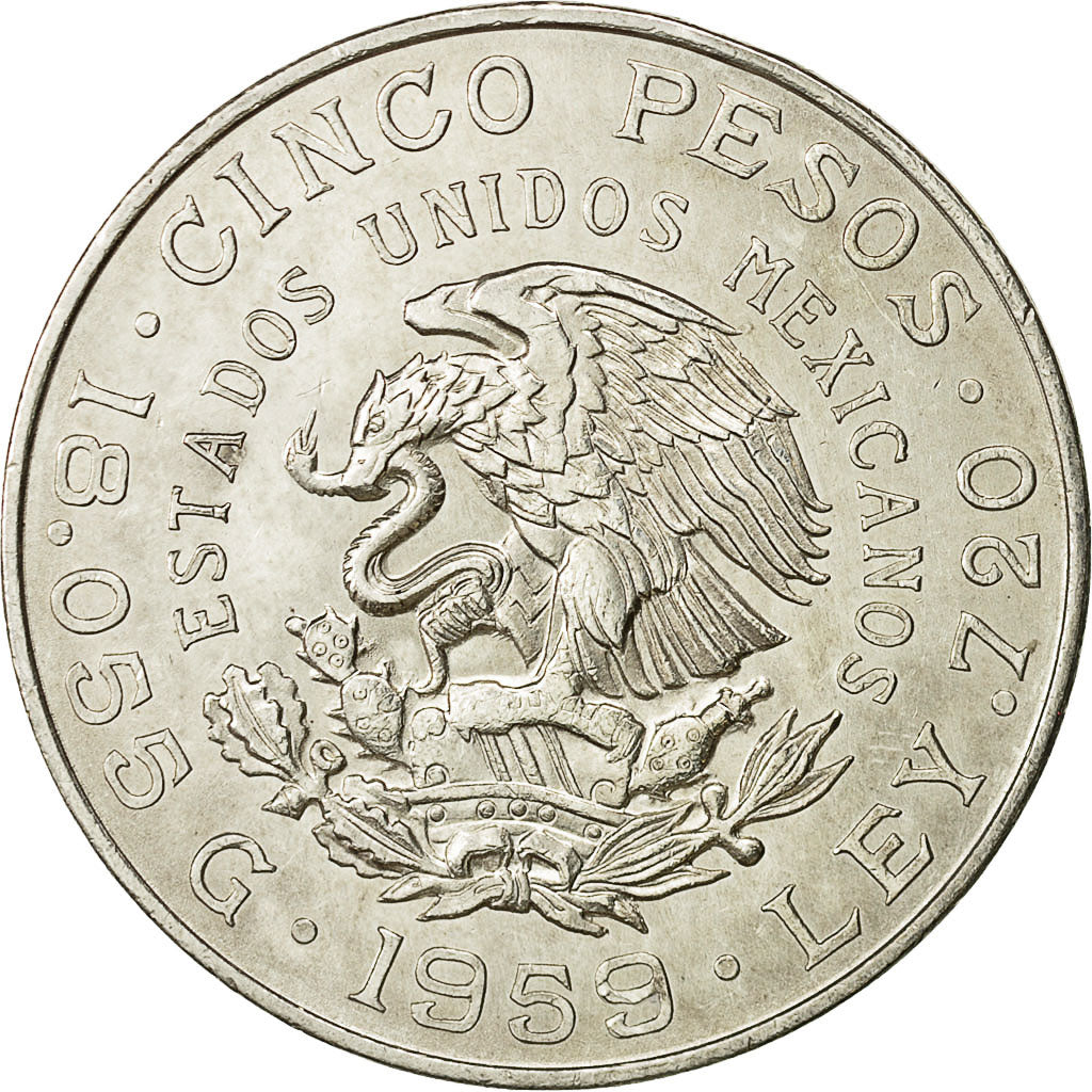 Coin, Mexico, 5 Pesos, 1959, Mexico City, AU(55-58), Silver, KM:471