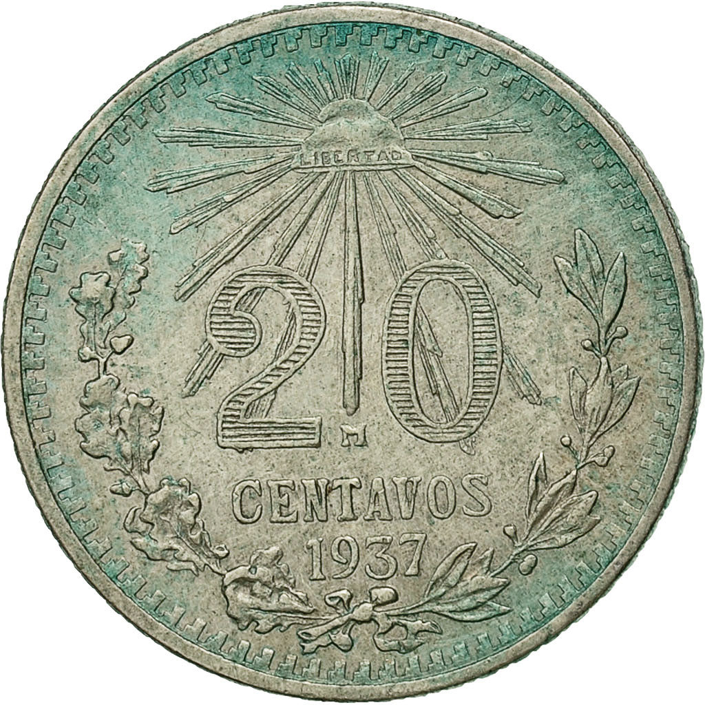 Mexico, 20 Centavos, 1937, Mexico City, EF(40-45), Silver, KM:438